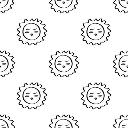 Good night doodle pattern. Time to go to bed. Seamless background with sleeping sun. Black outline on a white background. For fabric, wallpaper, and childrens textilesのイラスト素材
