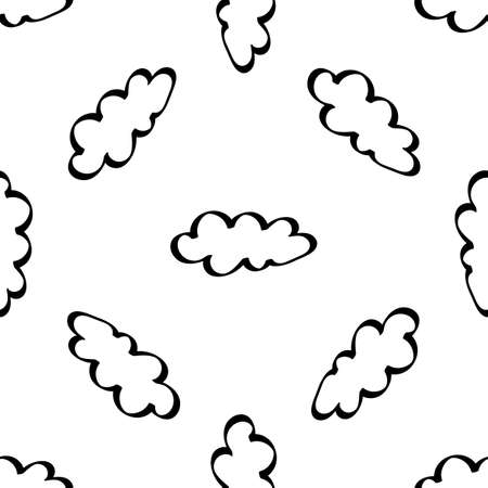 Good night doodle pattern. Time to go to bed. Seamless background with clouds. Black outline on a white background. For fabric, wallpaper, and childrens textilesのイラスト素材