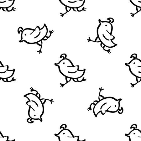Chickens seamless doodle pattern. Easter background with cute hand drawn chickens. Black outline on a white background. Vectorのイラスト素材