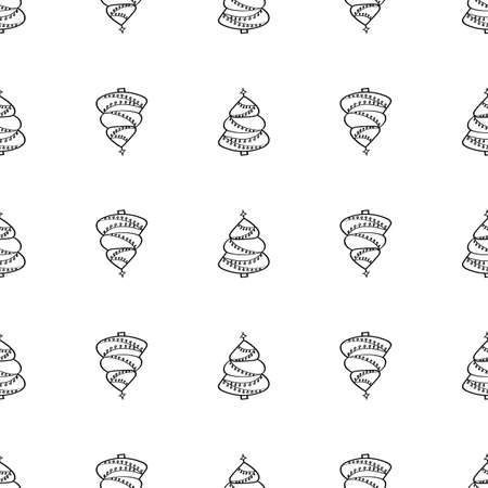 Christmas trees doodle pattern. Christmas tree decorated with Christmas decorations and garlands. Black outline on a white background. Christmas hand-drawn design for fabric, wrapping paper. Vectorのイラスト素材