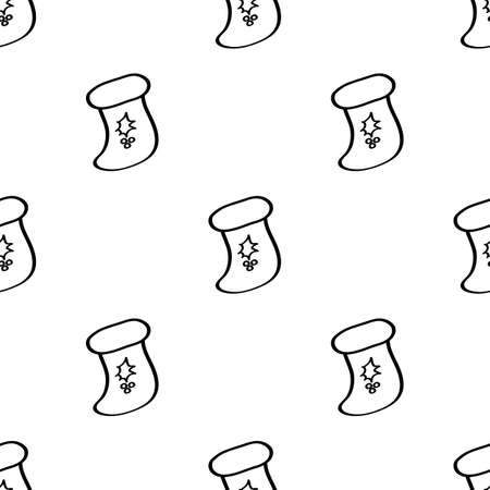 Christmas gift boot seamless doodle pattern. Black outline on a white background. New Year hand-drawn design for fabric, wrapping paper. Vectorのイラスト素材