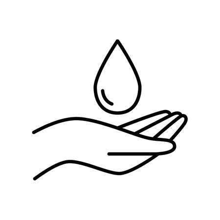 Hand and drop linear vector icon. A drop falling into the palm. Dematologically tested safe products. Certified Hypoallergenic products for beauty and health. Black outline isolated on a whiteのイラスト素材