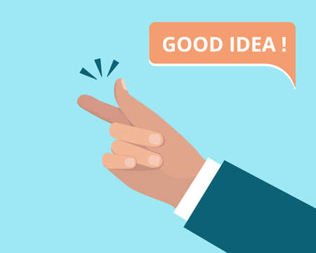 Finger snap. The gesture of the hand snapping the fingers. Phrase Good idea. Gesture expression. The concept of an easy solution, a great idea. Flat vector illustrationのイラスト素材