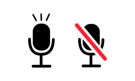 The microphone is working and the microphone is muted. The symbol of radio broadcasting, speaker, stage, karaoke. Black solid vector icon isolated on white backgroundのイラスト素材