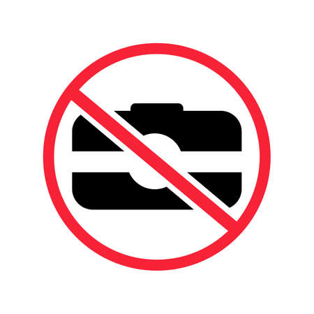 Photography is prohibited. You cannot take photographs. No photo. Black solid vector icon in a red crossed out circle. Black outline isolated on a white backgroundのイラスト素材