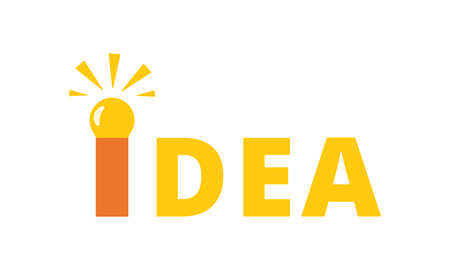 Good idea concept. Lettering Idea with a burning light bulb. Creative thinking, brainstorming symbol. Label for the design of posts, banners. Flat vector illustrationのイラスト素材