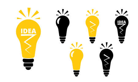Burning light bulb. A symbol of innovation, creative thinking, innovation, learning, thinking leaders. Good idea checks. Set of flat yellow and black vector icons isolated on white backgroundのイラスト素材