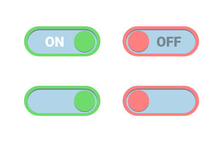 Button set for turning on and off the mobile device. Green and red buttons. Switch on off. Mobile app interface design. Vector illustration isolated on white backgroundのイラスト素材