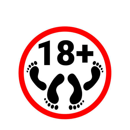 18 plus icon. Prohibition sign for persons under eighteen years of age. Sex Content for adults. Red circle with numbers 18 plus and two pairs of legs. Vector icon isolated on white backgroundのイラスト素材