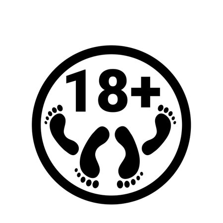 18 plus icon. Prohibition sign for persons under eighteen years of age. Sex Content for adults. Black circle with 18 plus and two pairs of legs. Vector icon isolated on white backgroundのイラスト素材