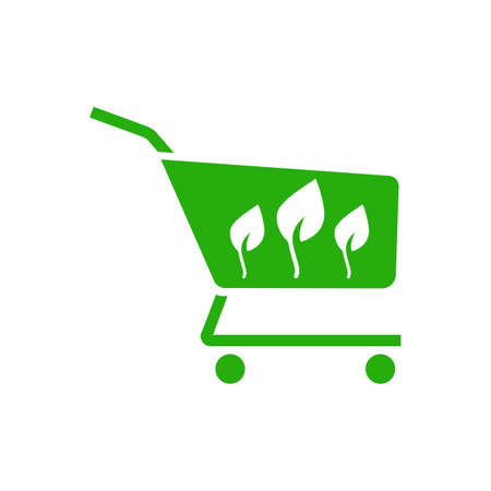 Eco shopping. Solid green vector supermarket cart icon with leaves image isolated on white background. Organic shopping design elementのイラスト素材