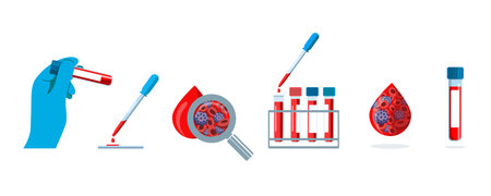 Medical test tubes with blood samples. The patients blood in pipettes for analysis. Laboratory research concept for biochemistry and viruses. Blood donation. Blood plasma with viruses. Vector setのイラスト素材