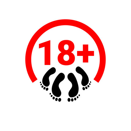 18 plus icon. Prohibition sign for persons under eighteen years of age. Sex Content for adults. Red circle with numbers 18 plus and two pairs of legs. Vector icon isolated on white backgroundのイラスト素材