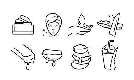 Line icons set of aloe vera slices, aloe juice, cream, gel drop, face care. Design elements for packaging of moisturizer, organic food, beauty salons, eco cosmetics stores. Black outline, vectorのイラスト素材