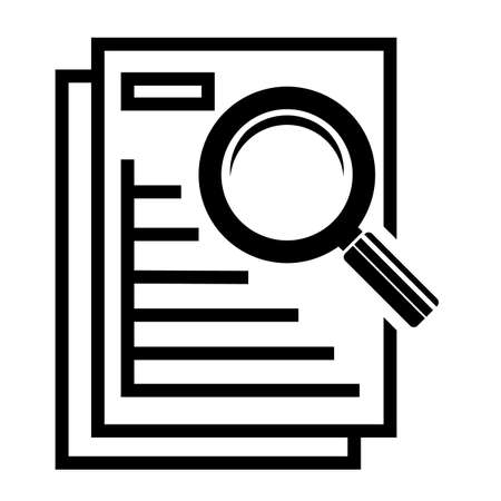 Audit, analytics, document analysis. Report on the results of the documentation check. A sheet of paper is examined with a magnifying glass. Solid black vector icon isolated on white backgroundのイラスト素材