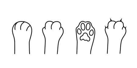 Cat paws. Paws with and without sharp claws. Cute kitten scratches. Home pet. Black outline. Set of vector line icons isolated on white backgroundのイラスト素材
