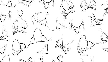 Bikini hand drawn seamless pattern. Womens sexy swimsuit summer background. Black outline on a white background. Vector. For fabric, wrapping paper, textilesのイラスト素材