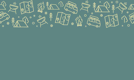 Camping seamless vector pattern. Outdoor recreation, hike horizontal banner with outline icons of campfire, tent, truck, map, barbecue and forest. Design for web page poster, wallpaper, packagingのイラスト素材