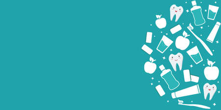 Oral care. Horizontal dental banner. Items for daily oral hygiene. Mouthwash and toothbrush with paste, apple, chewing gum, white healthy teeth. Vector isolated flat icons on a blue backgroundのイラスト素材