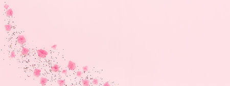 Banner with flowers and gold glitter confetti splash on pink background. Spring Holidays, Birthday,...