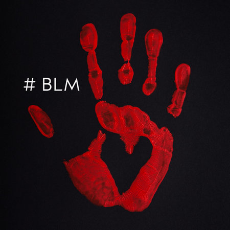Blood red palm print with heart on black background. Inscription Black lives matter. Equal Symbol....