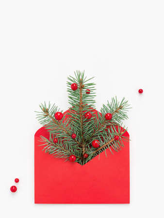 Green Christmas tree symbol in red envelope on white copy space background. Holiday concept.の写真素材