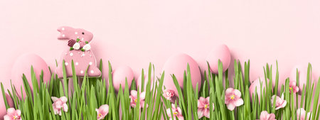 Happy Easter banner or background, Easter eggs, bunny in grass border.