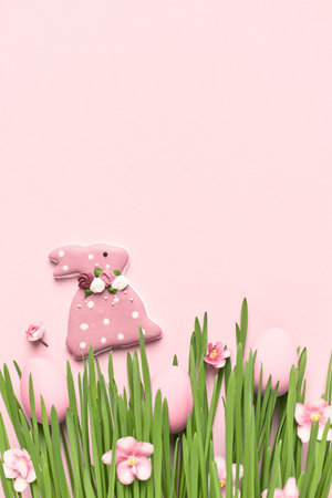 Happy Easter greeting card or background, Easter eggs and bunny in grass.の写真素材