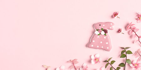 Easter banner, Easter decorations, pink bunny, flowers and copy space.の写真素材