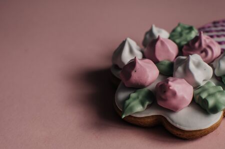 Cookies in a form of flowers. Spring concept. Candy bar. Birthday Wedding. Pink background.の写真素材