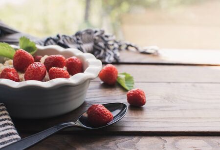 Breakfast. Tasty oatmeal with berries. Healthy breakfast ingredients. Oat granola in bowl with strawberry and mint. Granola for breakfast with berries.の写真素材