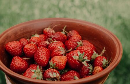 Strawberries. The bunch of ripe strawberries in a wooden bowl on a garden background. Summer conceptの写真素材