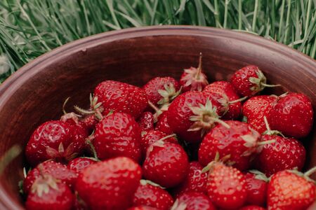 Strawberries. The bunch of ripe strawberries in a wooden bowl on a garden background. Summer conceptの写真素材