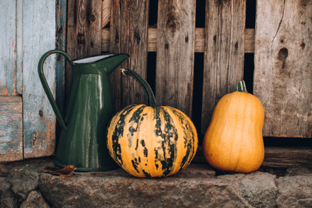 Autumn still life with pumpkins. Thanksgiving and Halloween, autumn season. Farm concept.の写真素材