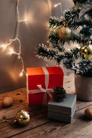 Winter and Christmas holidays concept. Cozy scene. Background with christmas decor. Christmas background. Christmas presents.の写真素材