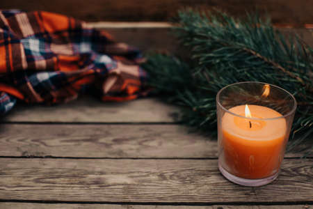Flat lay winter cozy Christmas vintage background with copy space. Candle. Winter background. Christmas atmosphere. Christmas deer.の写真素材