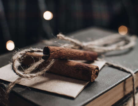 Scandinavian hygge styled Christmas composition. Cozy winter homely scene with books and cinnamon sticks. Santa Claus working place. Flatlay. Home decor.の写真素材