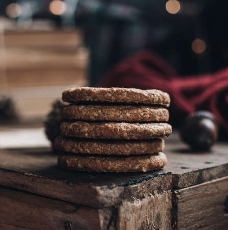 Scandinavian hygge styled Christmas composition. Cozy winter homely scene with cookies. Santa Claus working place. Flatlay. Home decor.の写真素材