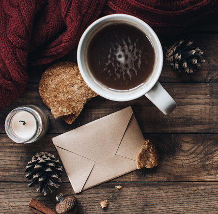 Scandinavian hygge styled Christmas composition. Cozy winter homely scene with books, cup of tea or...