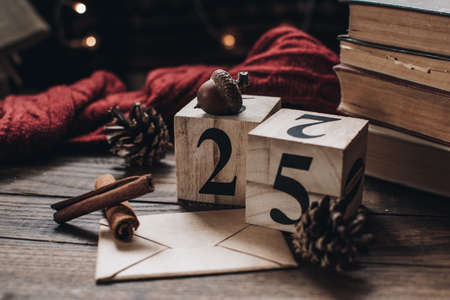 Wooden calendar blocks. Scandinavian hygge styled Christmas composition. Cozy winter homely scene with books, cinnamon sticks and knitted things. Santa Claus working place. Flatlay. Home decor.の写真素材