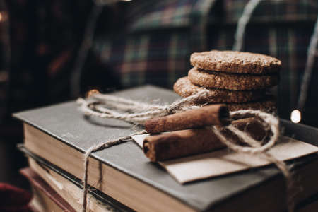 Scandinavian hygge styled Christmas composition. Cozy winter homely scene with books, cookies and cinnamon sticks. Santa Claus working place. Flatlay. Home decor.の写真素材