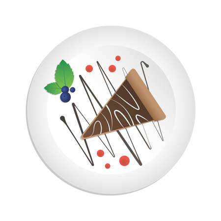 Vector isolated piece of chocolate cake on a white plate. top view.のイラスト素材