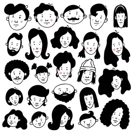 Vector set of isolated cartoon faces of males and females. Doodle art illustration. Black and white colors.のイラスト素材