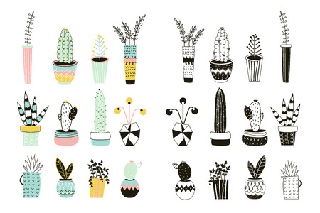 Cute house plants in pots, hand drawn in scandinavian style. Colorful and monochrome botanical set. Perfect for stickers, planners, cards, invitations.のイラスト素材
