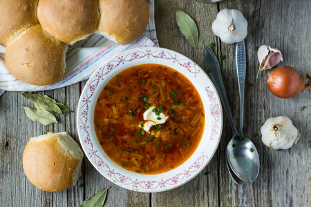 Russian national red soup borsch. Top view