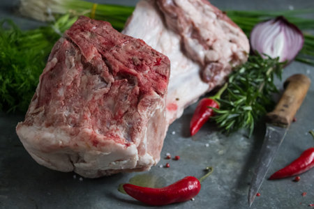 Fresh raw meat on old metallic table. Selective focus