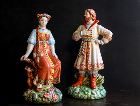 Russian folk handmade figurines. majolica arts on black backgroundの写真素材