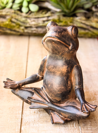 Yoga frog meditating in lotus pose. Body, mind and soul balance concept. on wooden backgroundの写真素材