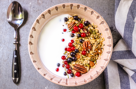 Bowl of homemade granola with yogurt and fresh berries on metallic background from top viewの写真素材