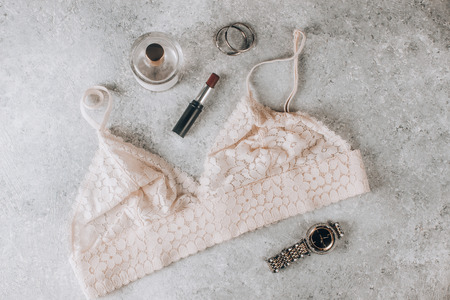 Top view fashion nude lace lingerie on grayの写真素材